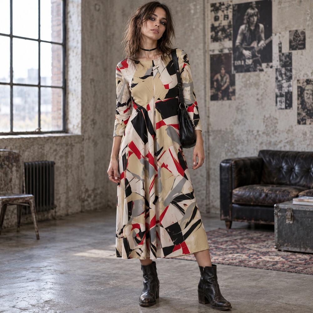 Zara Abstract Midi Dress Sz XS Y2K Grunge Artsy Satiny High Neck Modern Euro